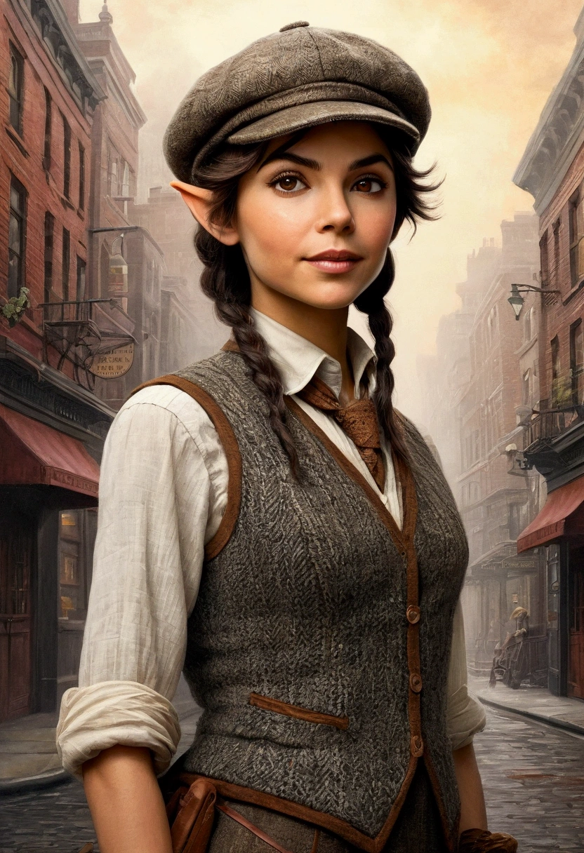 An illustrated movie poster, hand-drawn, full color, an elven maiden, wearing a tweed vest and a newsie cap, tall, toned, amazonian stature, athletic hourglass figure, long pointy elf ears, Amber eyes, dark hair, shaggy bob cut, deep sun-tanned skintone, freckles, resembles Victoria Justice, standing on a foggy Victorian-era street corner, graphite shading, stencil marks, airbrushed acrylic paint, masterpiece, in the style of Sherlock Holmes, elf ears