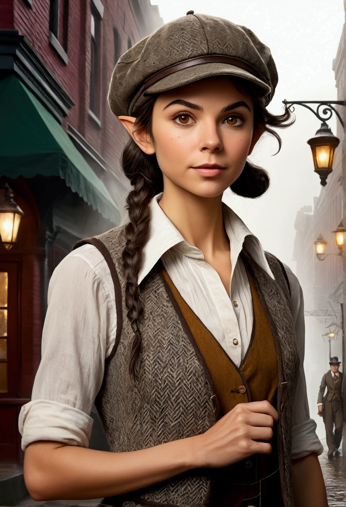 An illustrated movie poster, hand-drawn, full color, an elven maiden, wearing a tweed vest and a newsie cap, tall, toned, amazonian stature, athletic hourglass figure, long pointy elf ears, Amber eyes, dark hair, shaggy bob cut, deep sun-tanned skintone, freckles, resembles Victoria Justice, standing on a foggy Victorian-era street corner, graphite shading, stencil marks, airbrushed acrylic paint, masterpiece, in the style of Sherlock Holmes, elf ears
