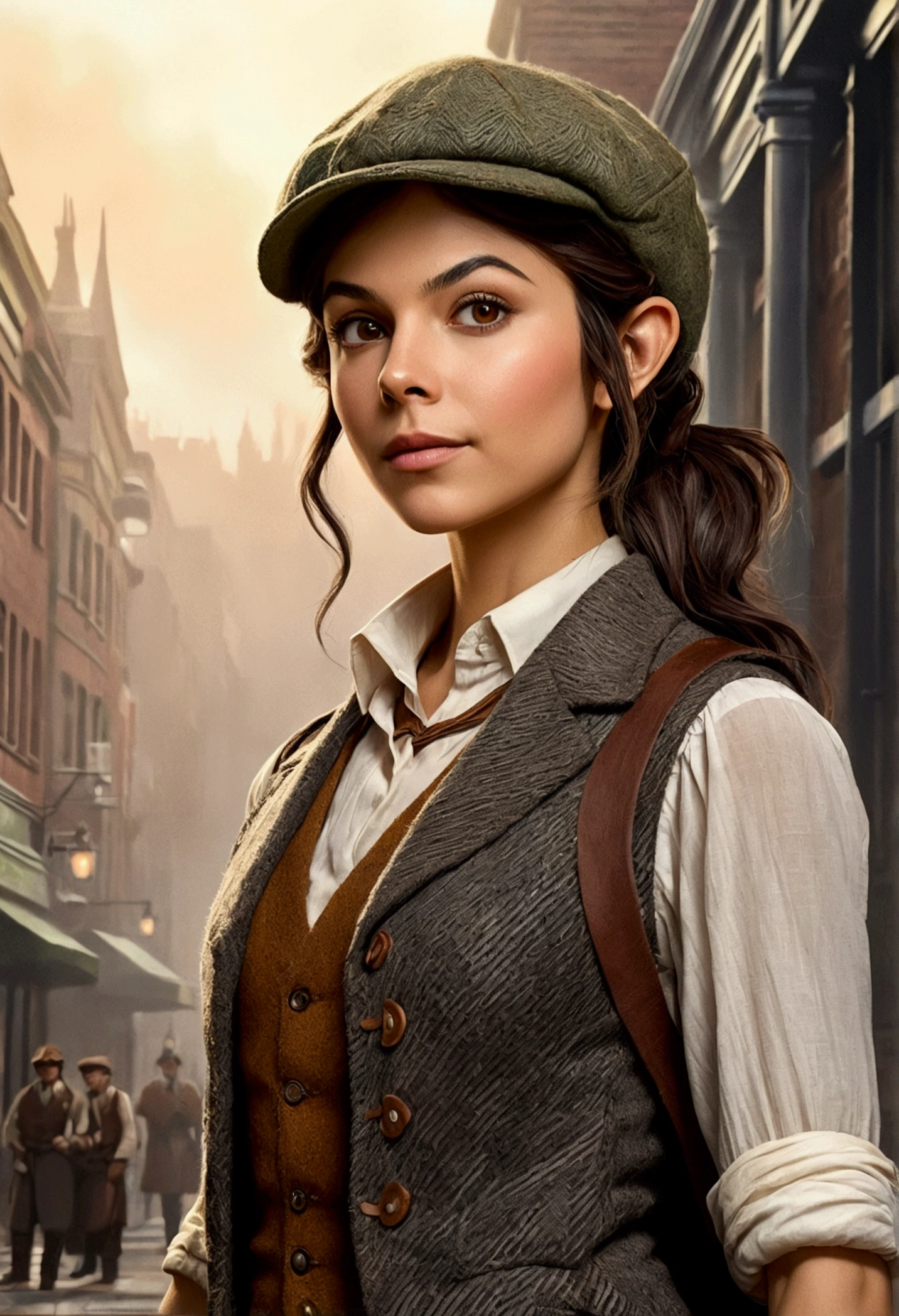 An illustrated movie poster, hand-drawn, full color, an elven maiden, wearing a tweed vest and a newsie cap, tall, toned, amazonian stature, athletic hourglass figure, long pointy elf ears, Amber eyes, dark hair, shaggy bob cut, deep sun-tanned skintone, freckles, resembles Victoria Justice, standing on a foggy Victorian-era street corner, graphite shading, stencil marks, airbrushed acrylic paint, masterpiece, in the style of Sherlock Holmes, elf ears