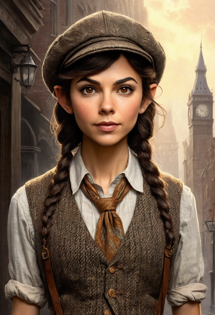 An illustrated movie poster, hand-drawn, full color, an elven maiden, wearing a tweed vest and a newsie cap, tall, toned, amazonian stature, athletic hourglass figure, long pointy elf ears, Amber eyes, dark hair, shaggy bob cut, deep sun-tanned skintone, freckles, resembles Victoria Justice, standing on a foggy Victorian-era street corner, graphite shading, stencil marks, airbrushed acrylic paint, masterpiece, in the style of Sherlock Holmes, elf ears