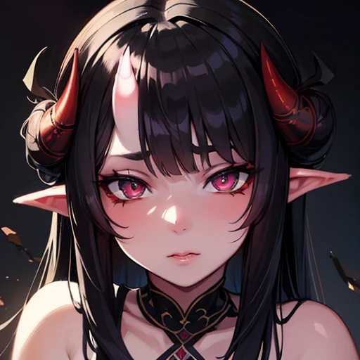 a oni girl, a pair of skin-covered horns on the forehead, beautiful detailed eyes, beautiful detailed lips, extremely detailed face and features, flawless intricate skin, long black hair, dark fantasy, gothic, dramatic lighting, cinematic, 8k, highly detailed, photorealistic, masterpiece