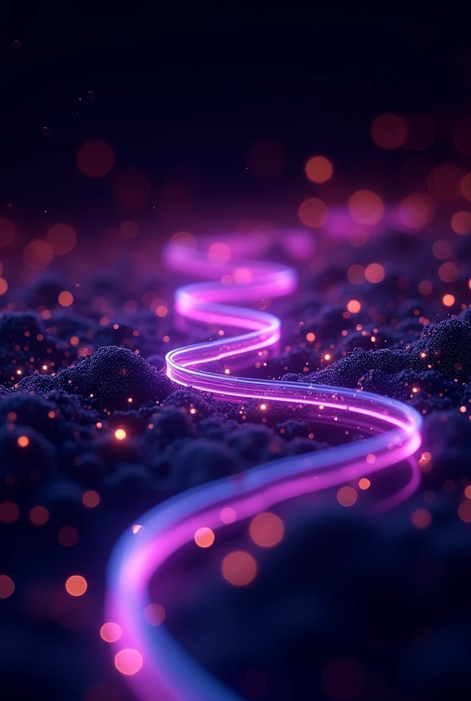 Creates an image that resembles a connection between fiber optic internet cables and has purple colors, black background and be very modern. I want very little gold and blue. Make it as if it were a fiber optic path in the middle of the space, something that looks really interesting on the hero of a web developer's website