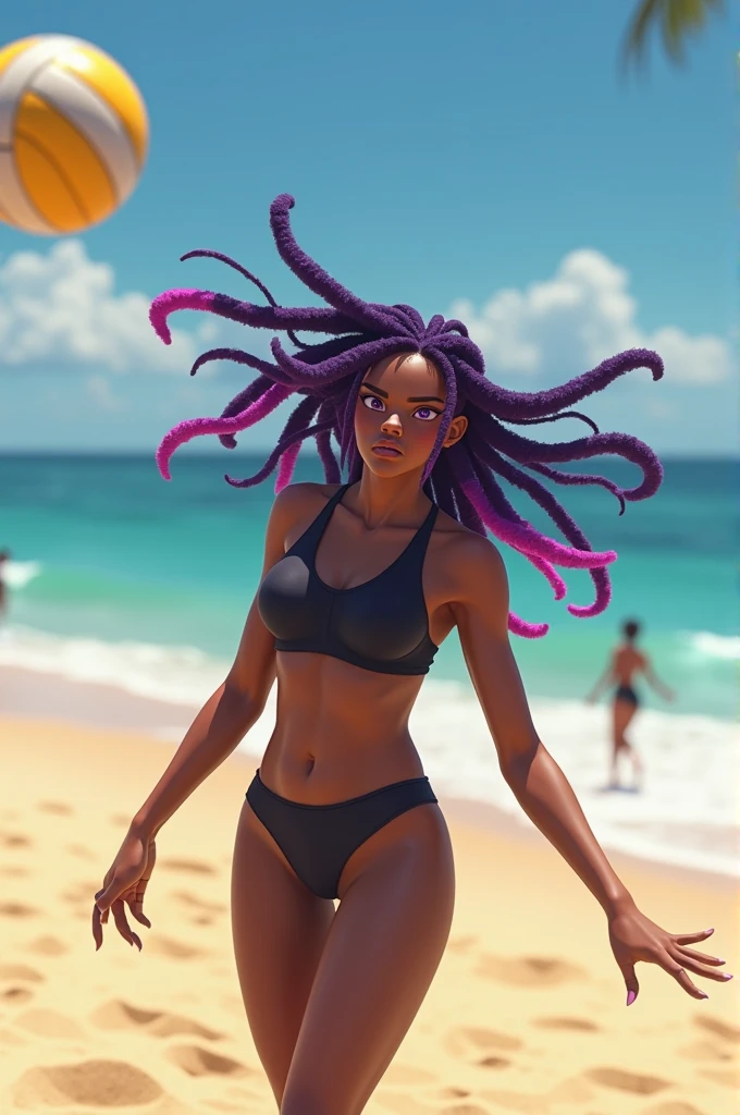 Screenshot My Hero Academia anime, African American girl, violet eyes, with long dreadlocks, half of the hair purple and the other side pink. in black swimsuit, beach background, playing volleyball in the sand. SERIOUS LOOK.