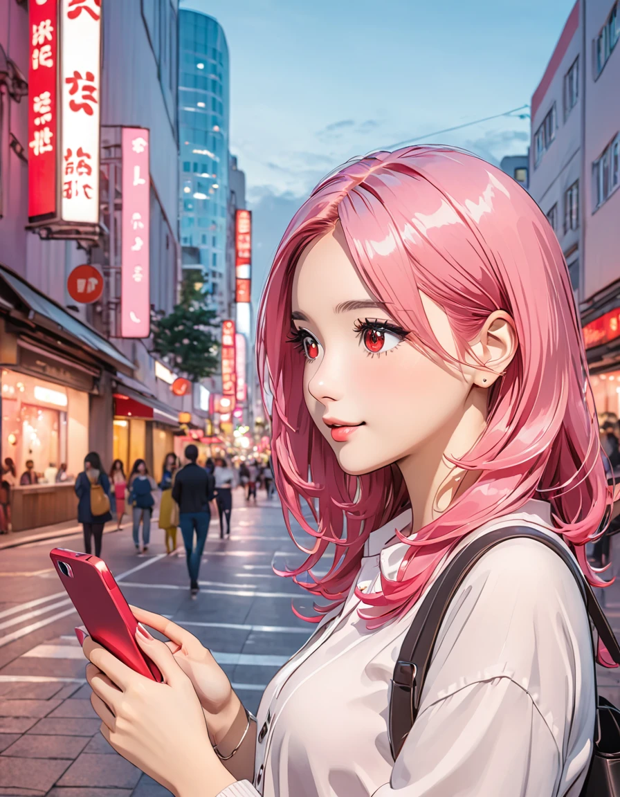 meeting, woman, casual wear, touching smartphone, looking at smartphone, city, pink hair and red eyes
