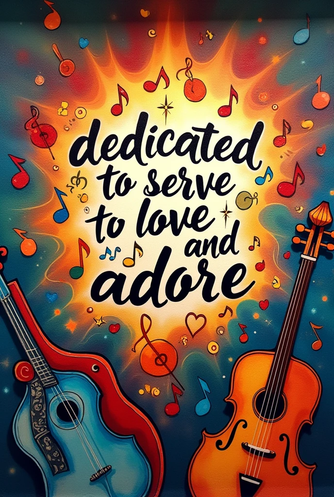I need to create an image for a music mural that has the following phrase written on it : Dedicated to serve, to love and adore (have drawn notes and musical instruments)
