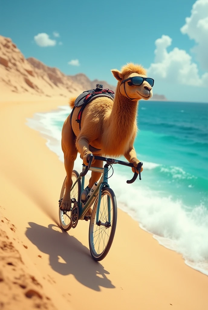 An athlete camel wearing sunglasses , cycling on a steep road , surrounded by beach sand , with speed in the background the blue sea