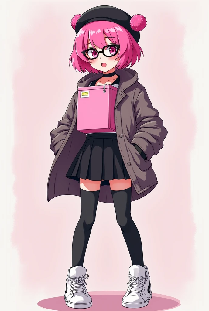 that she has a chest disease that is extremely daring, that she has pink hair, a black beret with pompoms, black glasses, pink eyes, an extremely blush, a pink censorship box, a short black skirt, black stockings, white sneakers, and that she is a girl 