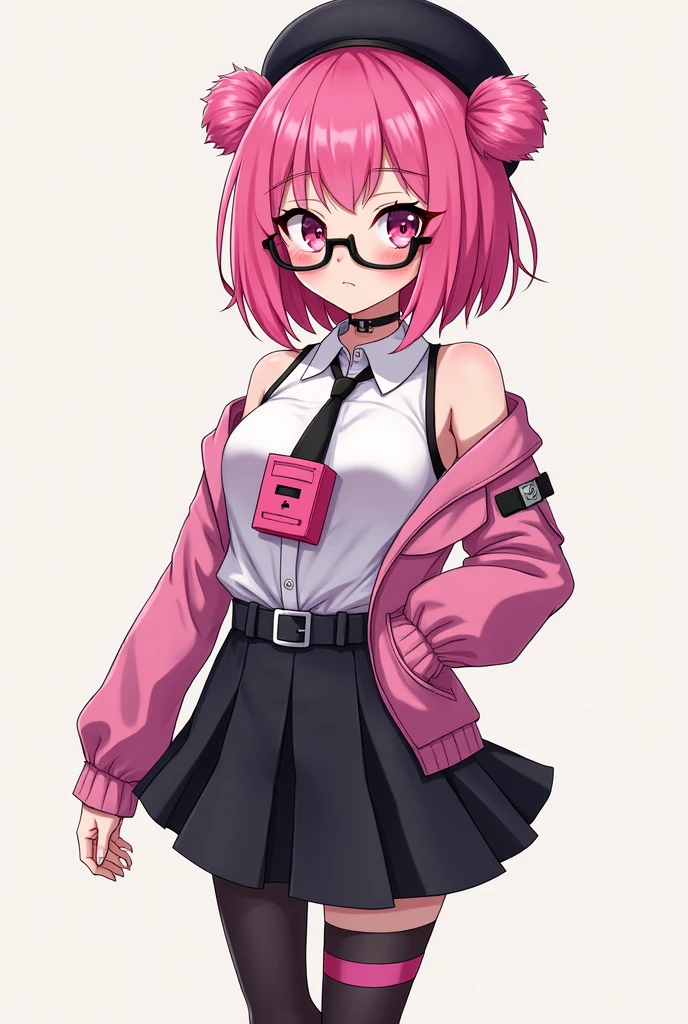 that she has a chest disease that is extremely daring, that she has pink hair, a black beret with pompoms, black glasses, pink eyes, an extremely blush, a pink censorship box, a short black skirt, black stockings, white sneakers, and that she is a girl