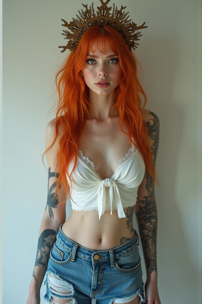 A very thin woman, very thin indeed, with red hair and Juliet on her head, wearing jeans with a white crop top, covered in tattoos and eyelash extensions, and wearing Gucci sandals.