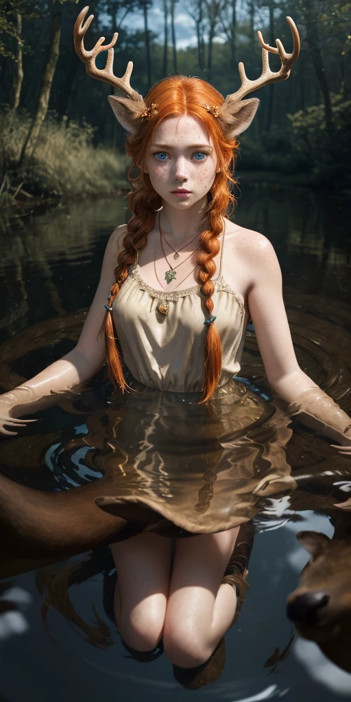 (masterpiece, best quality), 1girl, ginger hair, deer antlers, dress, in water, looking at viewer, swamp, hair ornament, necklace, lens flare, reflective water, freckles, braid,