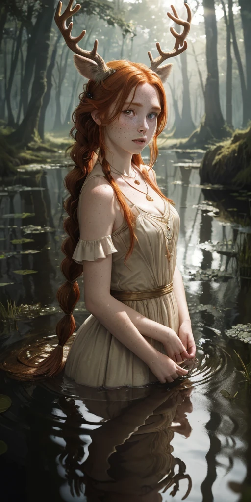 (masterpiece, best quality), 1girl, ginger hair, deer antlers, dress, in water, looking at viewer, swamp, hair ornament, necklace, lens flare, reflective water, freckles, braid,