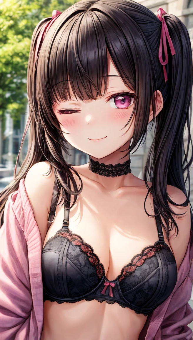 (masterpiece), (best quality), highly detailed, absurdres, very aesthetic, soft light, 1girl, (****:1.2), small breasts, (black hair:1.2), twintails, full bangs, (pink eyes:1.1), (black lace bra:1.2), (pleated plaid skirt:1.1), hair ribbon, off shoulder, (pink jacket:1.2), choker, smile, outdoors, park, one eye closed, wink