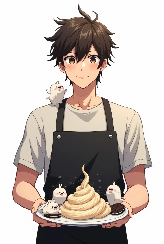 Man wearing a black apron with minds holding a plate with oreo cream anime White background