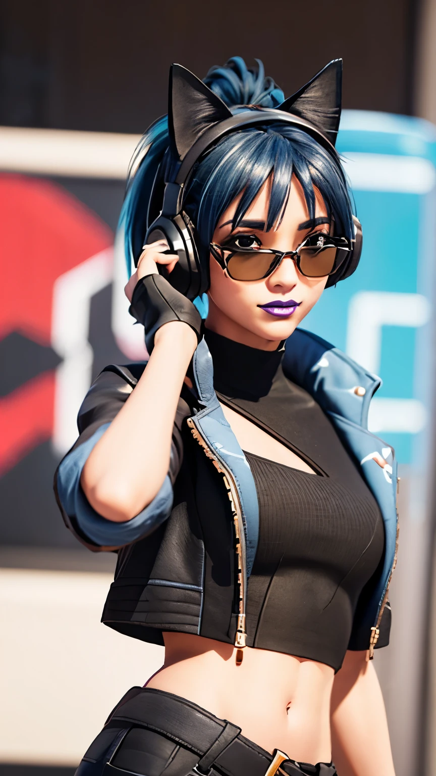 City background, 1girl, solo, HeroicHopeFN, Heroic Hope from fortnite, (crop top, black top, open clothes), (jacket crop top, black jacket, blue loose, jacket loose), fingerless gloves, black pants, blue belt, blue hair, ponytail, blue eyes, headphones, cat ears headphones, holster, aviator sunglasses, looking over glasses, holster spray cans, purple lips, lipsticks, smirk, upper body, looking at viewer,