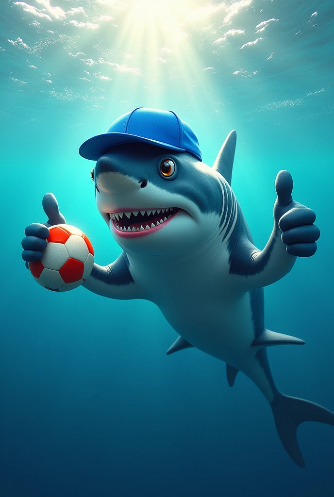 Crie uma imagem de tubarão no oceano com um boné azul e uma bola de futebol na mão e dando um 👍para estampa de roupa de atlética