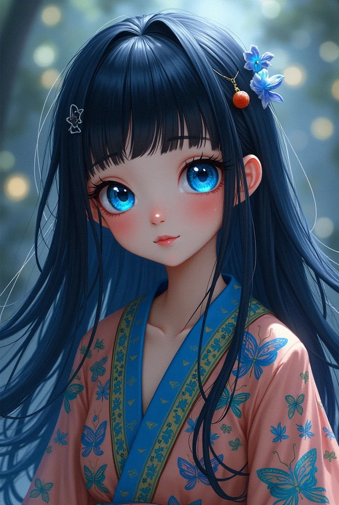 Girl  with black hair and cozmic blue eyes in bofurin outfit 