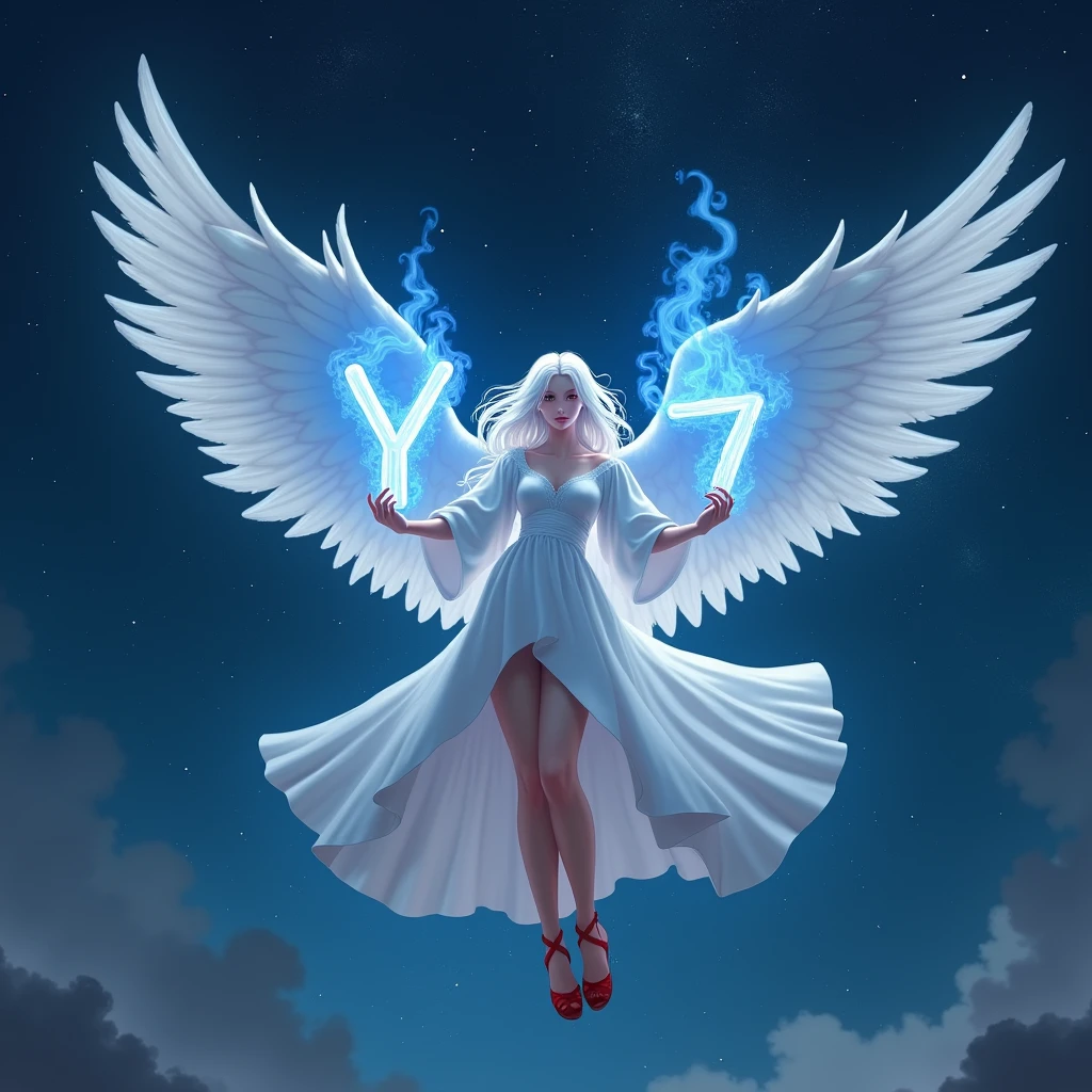 a woman with white hair, big wings, white dress, red high heel sandal, with the letter Y of blue fire and the number 7 of blue fire in the hands floating in the night sky.