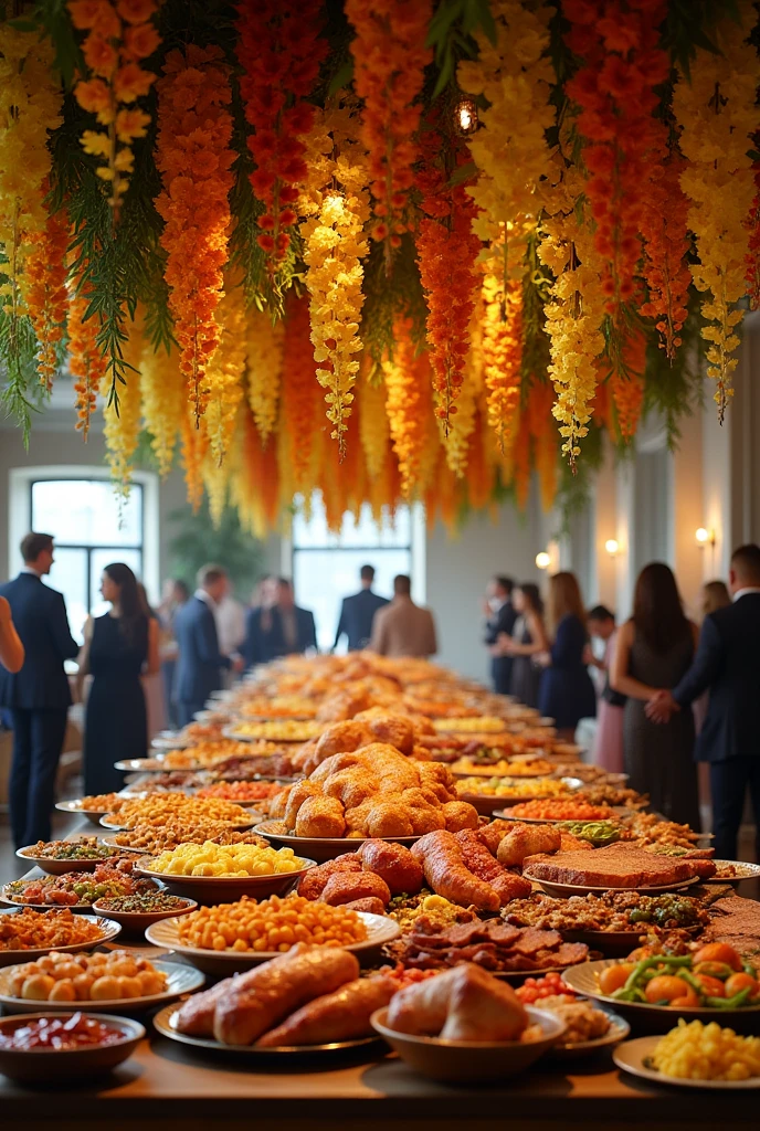 Make a huge wedding buffet with various foods and meats It will be inside a closed venue With matching flowers on the ceiling In tones inspired by the Yellowstone series