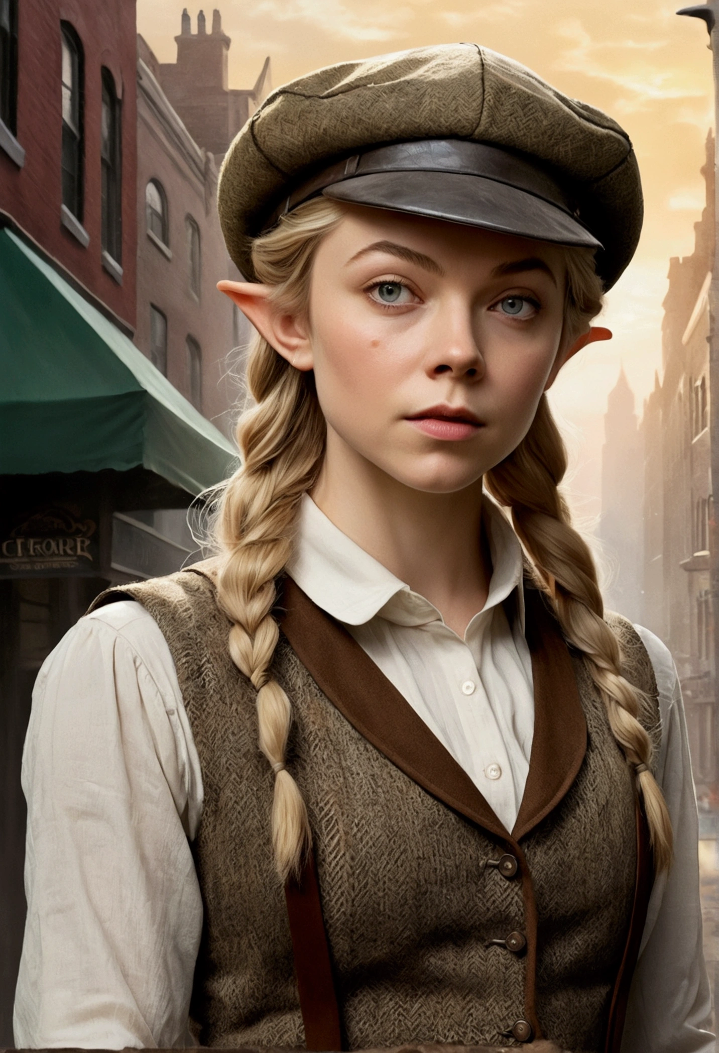 An illustrated movie poster, hand-drawn, full color, an elven maiden, wearing a tweed vest and a newsie cap, tall, toned, amazonian stature, athletic hourglass figure, long pointy elf ears, blonde hair, shaggy bob cut, deep sun-tanned skintone, freckles, resembles Natalie Dormer, standing on a foggy Victorian-era street corner, graphite shading, stencil marks, airbrushed acrylic paint, masterpiece, in the style of Sherlock Holmes, elf ears