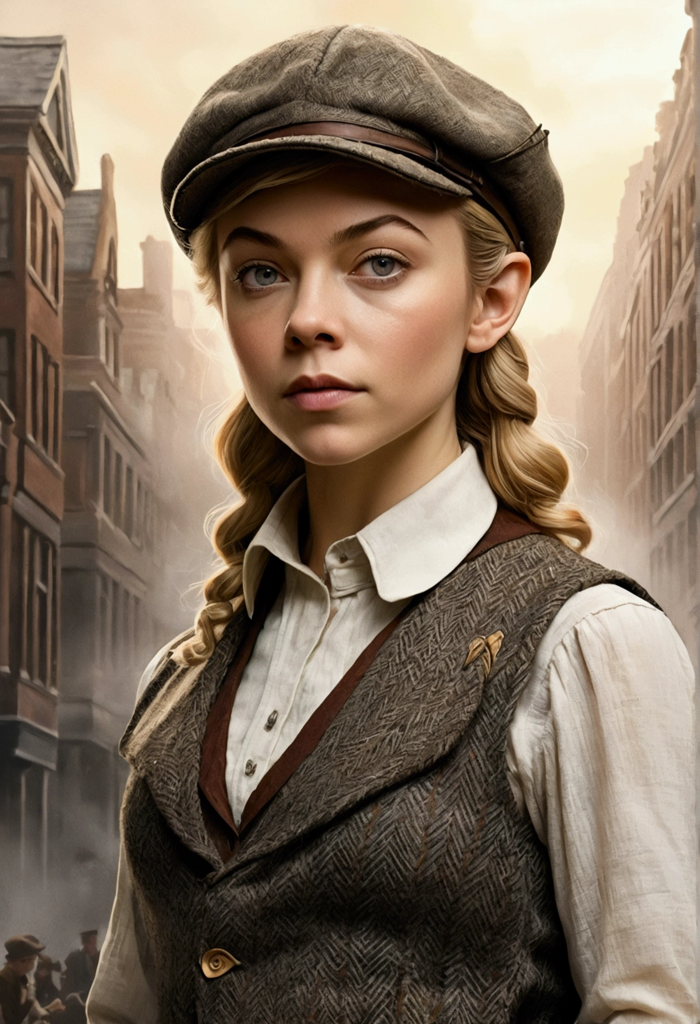 An illustrated movie poster, hand-drawn, full color, an elven maiden, wearing a tweed vest and a newsie cap, tall, toned, amazonian stature, athletic hourglass figure, long pointy elf ears, blonde hair, shaggy bob cut, deep sun-tanned skintone, freckles, resembles Natalie Dormer, standing on a foggy Victorian-era street corner, graphite shading, stencil marks, airbrushed acrylic paint, masterpiece, in the style of Sherlock Holmes, elf ears