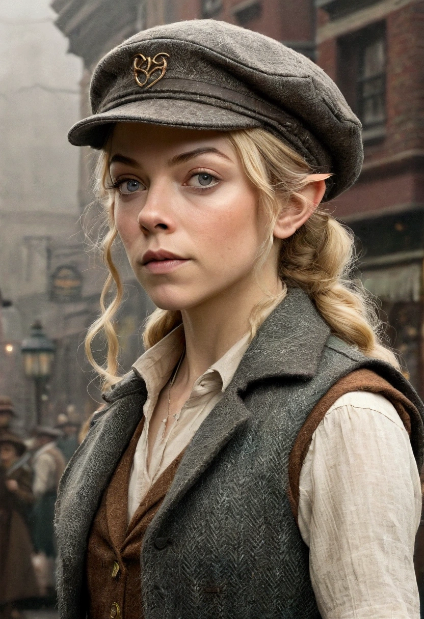 An illustrated movie poster, hand-drawn, full color, an elven maiden, wearing a tweed vest and a newsie cap, tall, toned, amazonian stature, athletic hourglass figure, long pointy elf ears, blonde hair, shaggy bob cut, deep sun-tanned skintone, freckles, resembles Natalie Dormer, standing on a foggy Victorian-era street corner, graphite shading, stencil marks, airbrushed acrylic paint, masterpiece, in the style of Sherlock Holmes, elf ears