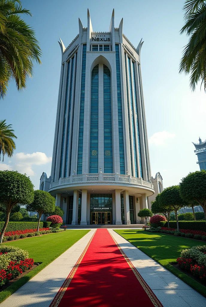 A luxurious, presidential standard company headquarters with the name NEXUS on it and red carpet on entrance with Singaporean architecture,grass, flowers and on it's own space where is the name NEXUS