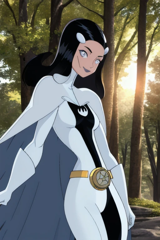 8k,highres,absurdres,masterpiece,best quality,original,extremely detailed CG,extremely detailed wallpaper,perfect, Phantom girl, Tinya Wazzo, solo, girl1, long black hair, bodysuit. grey eyes, smile, grey lips, belt, white cape, white gloves, best quality, masterpiece, cowboy shot, park, forest