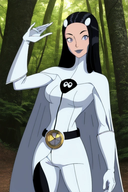 8k,highres,absurdres,masterpiece,best quality,original,extremely detailed CG,extremely detailed wallpaper,perfect, Phantom girl, Tinya Wazzo, solo, girl1, long black hair, bodysuit. grey eyes, smile, grey lips, belt, white cape, white gloves, best quality, masterpiece, cowboy shot, park, forest