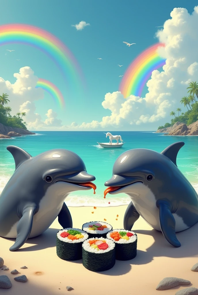 Two realistic dolphins with one eye eating makis with a beach landscape with rainbows and unicorns behind