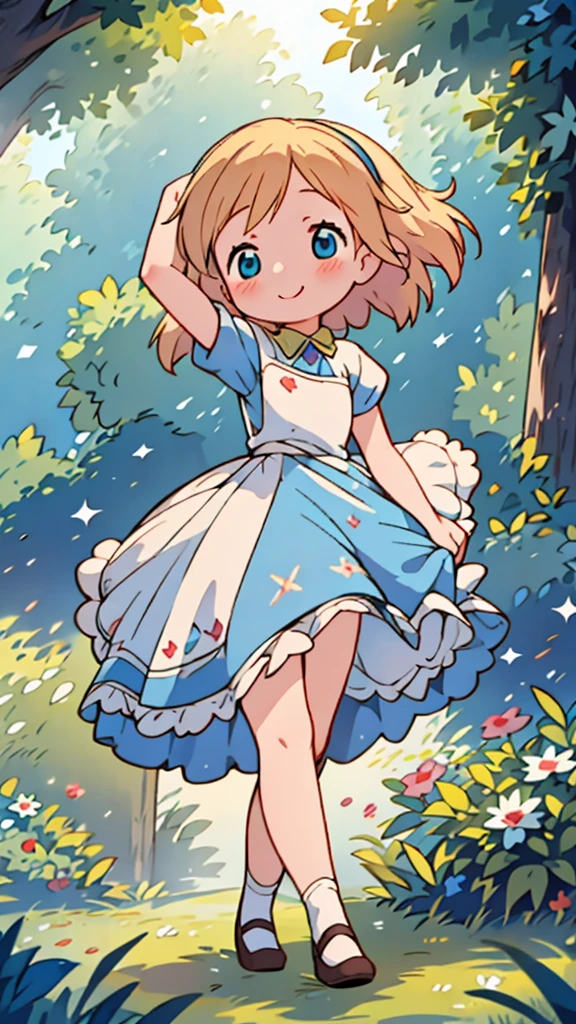 masterpiece, best quality, beautiful, cute visual art, girl (proportion: 1:5 heads), Alice in wonderland, cute, happy smile,  longer blonde hair, blue eyes, walking in the forest {(wind power: 0.5)}, blue dress {(long dress details: 1.0)}, slim and long legs (open legs), Ezbian full body (softly wind blows), {{((A gentle wind blows her hair))}}, good proportions, big blue bow on the top of head, looking at the viewer, space, blushing, big smile, no nose, cute style, pastel tones, soft colors