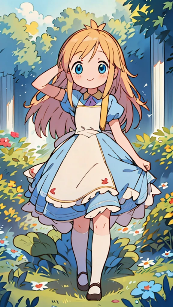 masterpiece, best quality, beautiful, cute visual art, girl (proportion: 1:5 heads), Alice in wonderland, cute, happy smile,  longer blonde hair, blue eyes, walking in the forest {(wind power: 0.5)}, blue dress {(long dress details: 1.0)}, slim and long legs (open legs), Ezbian full body (softly wind blows), {{((A gentle wind blows her hair))}}, good proportions, big blue bow on the top of head, looking at the viewer, space, blushing, big smile, no nose, cute style, pastel tones, soft colors