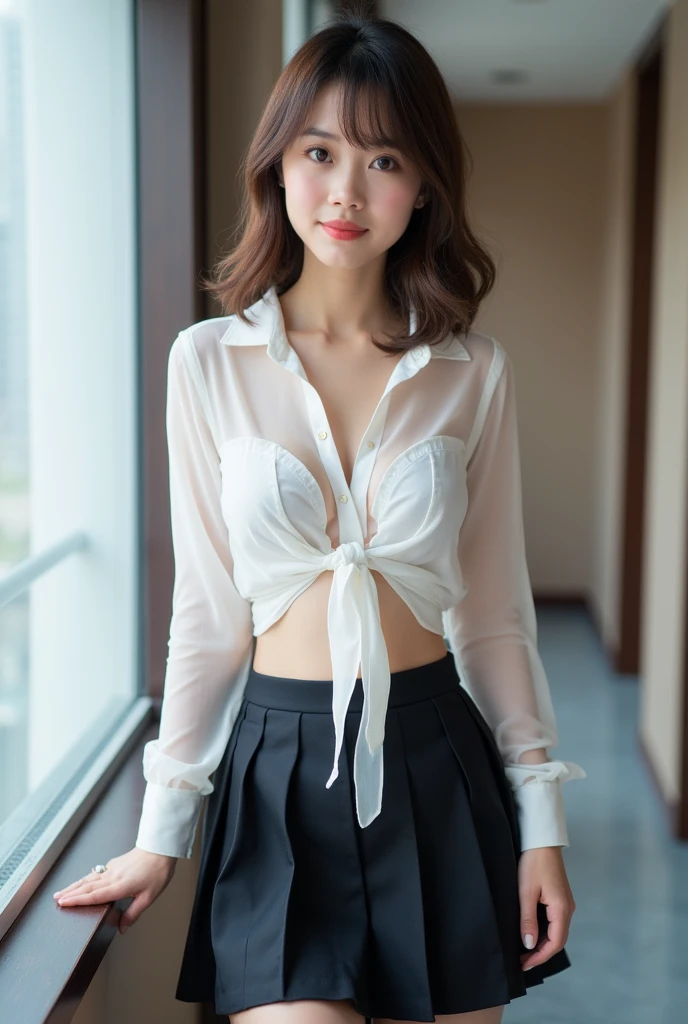 Asian schoolgirl with perfect body and a transparent white blouse where you can see her breasts above the navel, long sleeves and a sexy mini school skirt