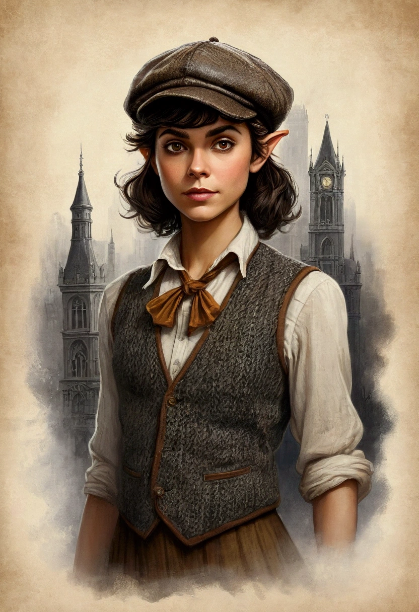 An illustrated movie poster, hand-drawn, full color, a teenage elven girl, wearing a tweed vest and a newsie cap, athletic hourglass figure, long pointy elf ears, amber eyes, dark hair, messy shaggy bob cut, deep sun-tanned skintone, resembles Morena Baccarin, standing on a foggy victorian-era street corner, graphite shading, stencil marks, airbrushed acrylic paint, masterpiece, in the style of the Sherlock Holmes, elf ears