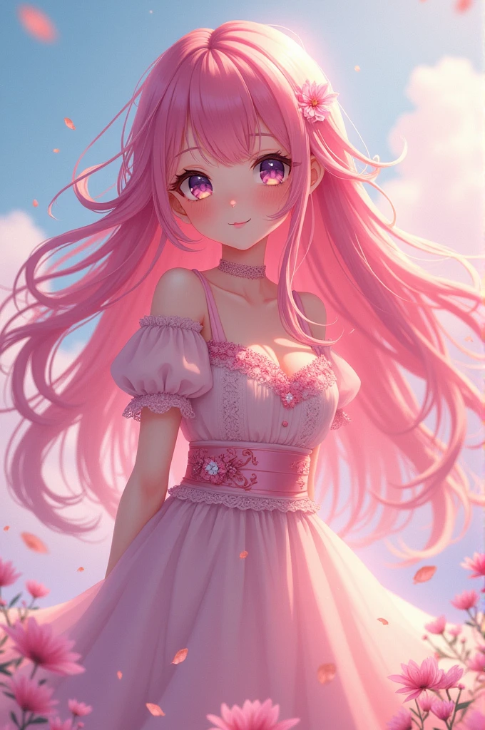 A anime girl with pink hair and a dress