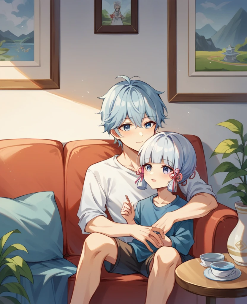 kamisato ayaka genshin impact letting A child male shota boy cheerful happy sitting on her lap wearing casual clothes on couch while watching a lcd screen, mature woan and child, Indoor, vase, red couch, wall, background,