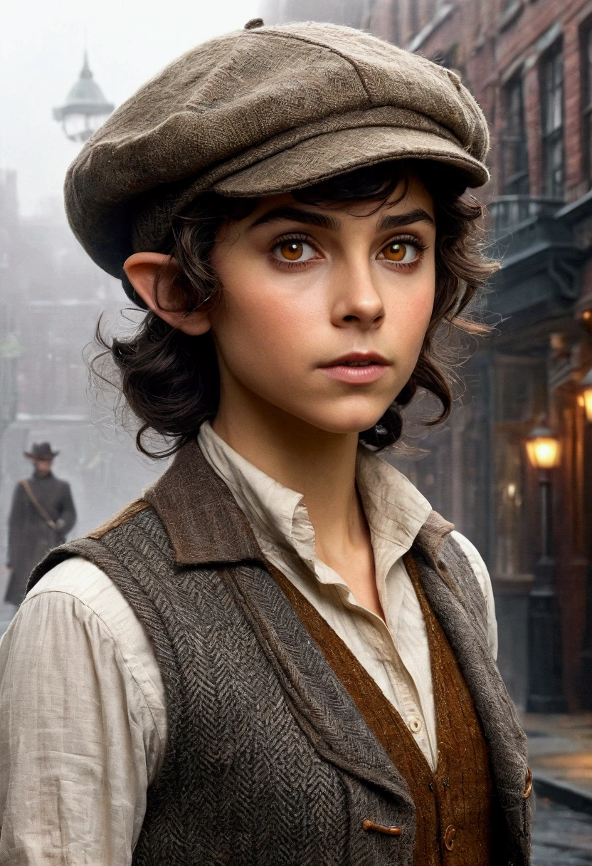 An illustrated movie poster, hand-drawn, full color, a teenage elven girl, wearing a tweed vest and a newsie cap, athletic hourglass figure, long pointy elf ears, amber eyes, dark hair, messy shaggy bob cut, deep sun-tanned skintone, resembles Morena Baccarin, standing on a foggy victorian-era street corner, graphite shading, stencil marks, airbrushed acrylic paint, masterpiece, in the style of the Sherlock Holmes, elf ears