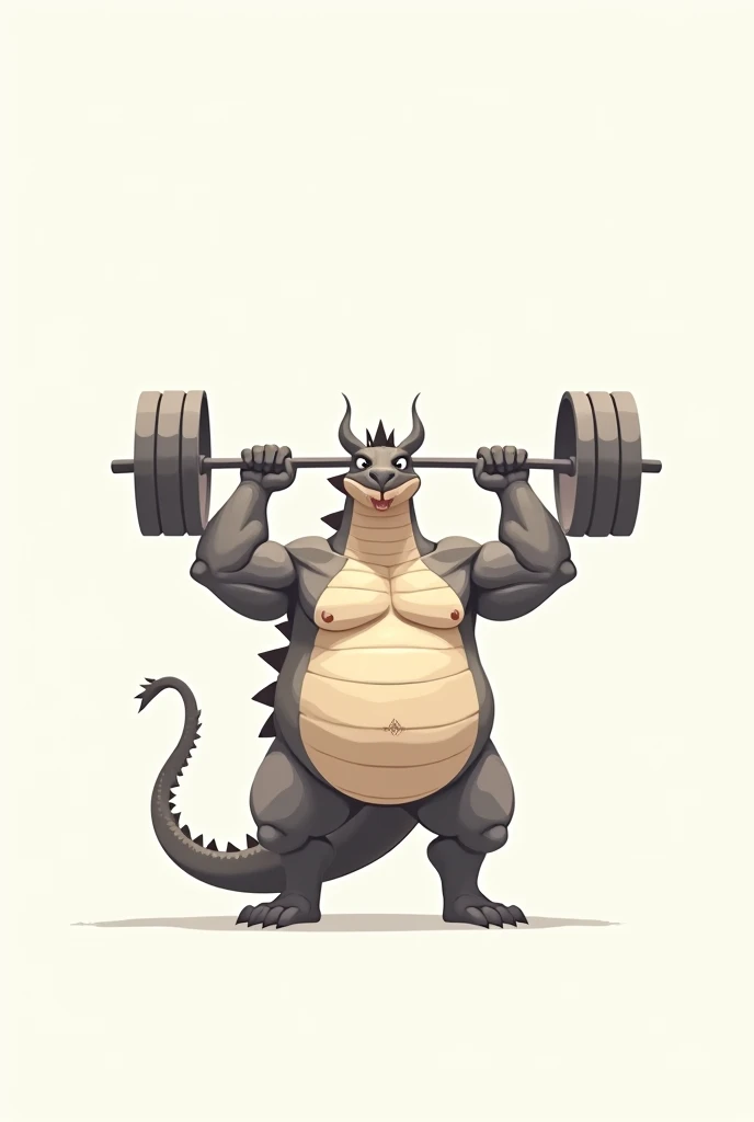 create me a minimalist image of a fat dragon lifting weights, with a white background and that looks minimalist 
 
