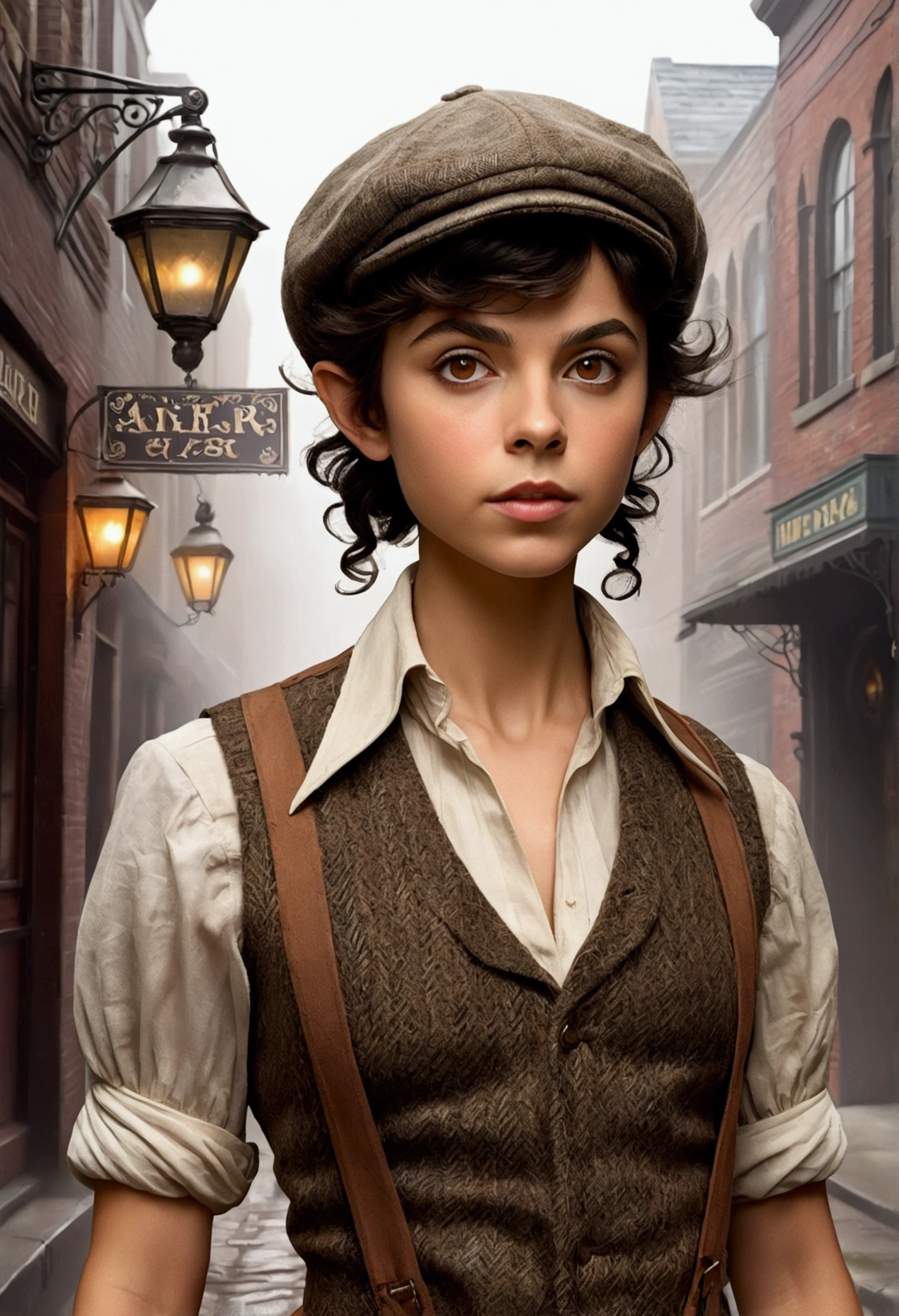 An illustrated movie poster, hand-drawn, full color, a age elven girl, wearing a tweed vest and a newsie cap, athletic hourglass figure, long pointy elf ears, amber eyes, dark hair, messy shaggy bob cut, deep sun-tanned skintone, resembles Morena Baccarin, standing on a foggy victorian-era street corner, graphite shading, stencil marks, airbrushed acrylic paint, masterpiece, in the style of the Sherlock Holmes, elf ears