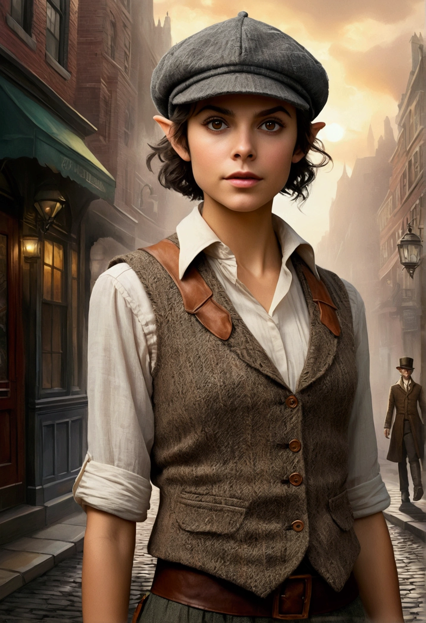 An illustrated movie poster, hand-drawn, full color, a teenage elven girl, wearing a tweed vest and a newsie cap, athletic hourglass figure, long pointy elf ears, amber eyes, dark hair, messy shaggy bob cut, deep sun-tanned skintone, resembles Morena Baccarin, standing on a foggy victorian-era street corner, graphite shading, stencil marks, airbrushed acrylic paint, masterpiece, in the style of the Sherlock Holmes, elf ears