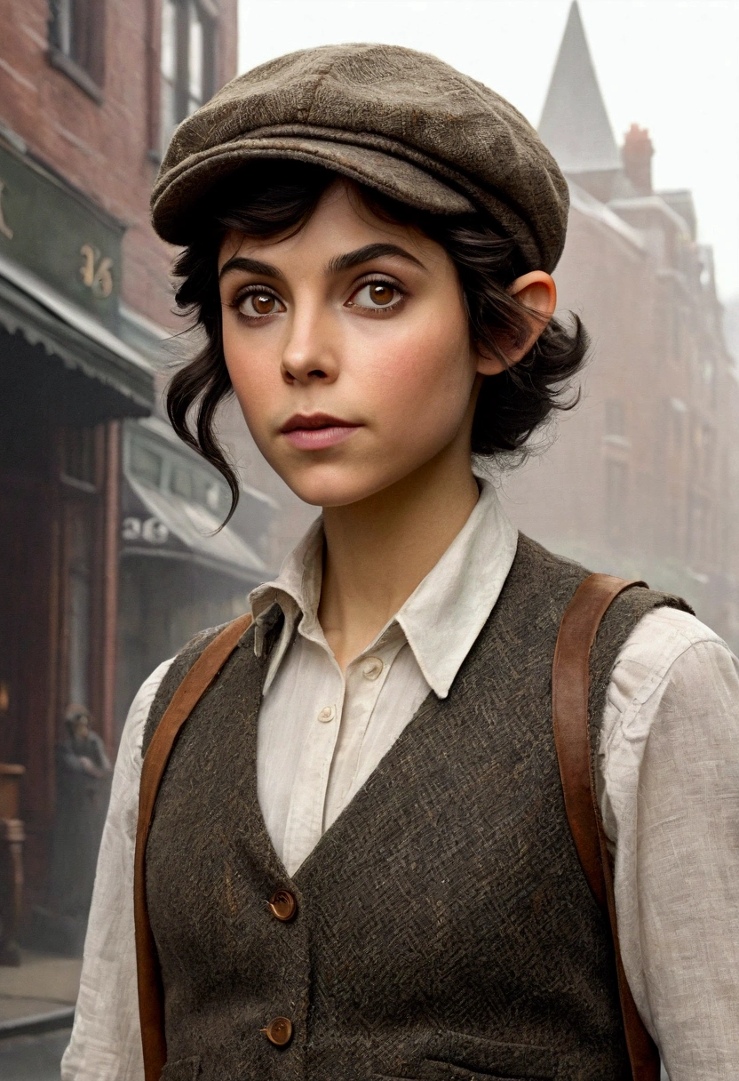 An illustrated movie poster, hand-drawn, full color, a teenage elven girl, wearing a tweed vest and a newsie cap, athletic hourglass figure, long pointy elf ears, amber eyes, dark hair, messy shaggy bob cut, deep sun-tanned skintone, resembles Morena Baccarin, standing on a foggy victorian-era street corner, graphite shading, stencil marks, airbrushed acrylic paint, masterpiece, in the style of the Sherlock Holmes, elf ears