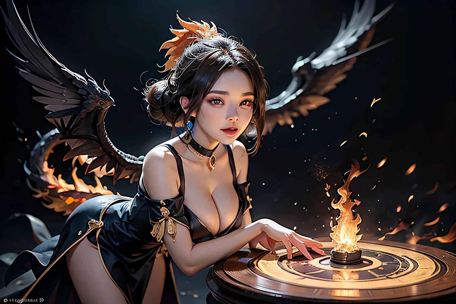 magic circle, ((The whole body of the summoned tiny phoenix, full of vitality, is revealed to the viewers.))、(A beautiful and sensual female summoner)、(Beautiful Eyes)、Beautiful and well-proportioned face、(Sensual and extremely revealing mini dress:1.2)、(Eye-catching super big breasts:1.37)、Fascinating super big ass、(Sexy and acrobatic summoning pose)、(Perfect Anatomy:1.3)、Correct fingers、((Summon the fiery phoenix with a magic circle))、Exquisitely drawn wings of fire、dramatic scene、Magnificent fantasy landscapes、Cinematic lighting、Digital Art、Concept Art Style、magical realism、(Highest quality、8k、High resolution、masterpiece:1.2)、Ultra-Details、(Real、Photorealistic、Photo-Realistic:1.37)、HDR、Vivid colors、View your viewers、A confident smile、wilderness