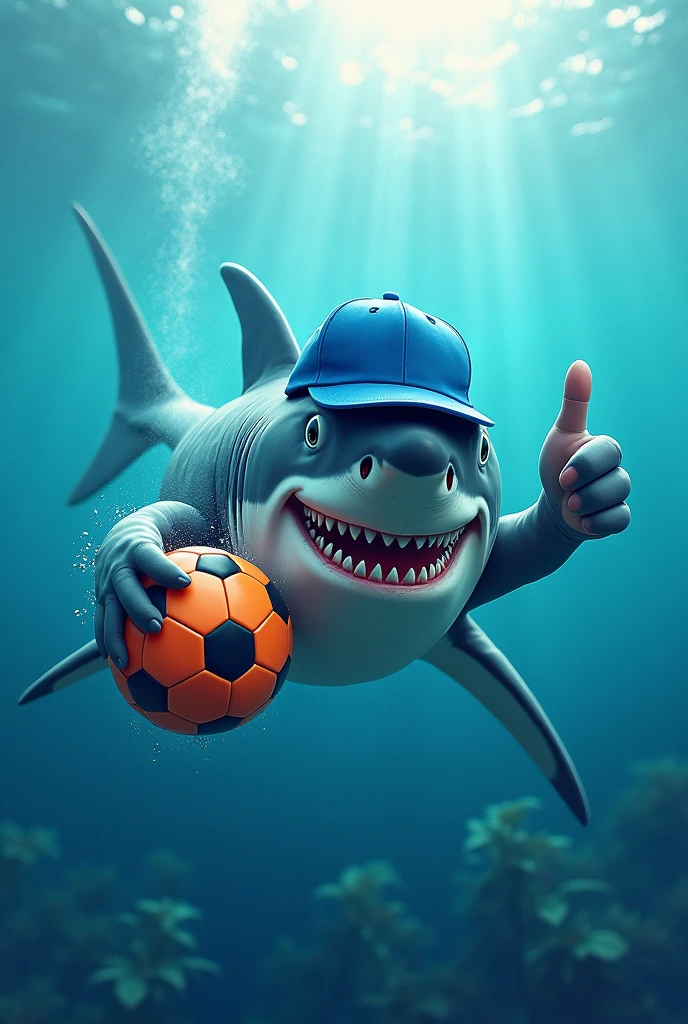 Crie uma imagem de tubarão no oceano com um boné azul e uma bola de futebol na mão e dando um 👍para estampa de roupa de atlética