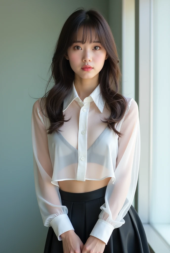 Asian schoolgirl with perfect body and a transparent white blouse where you can see her breasts, above the navel long sleeves and a sexy mini school skirt