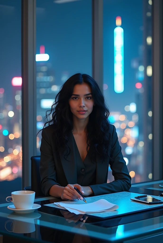 realistic photo of a (pretty girl, 20 years old, brunette, black eyes) seat down in front a short glass table with a screen built inside resembling "Microsoft Surface" , (full lips) , ((perfect face)), [[mild smile]], proportionate body,mixed white-latina herritage, beautyfull, beautyfull face, [tanned skin], two arms, two legs, five fingers by hand, full body, (curly black long hair), girl in confortable office clothing seat down in front of a short table being itself a screen, virtual documents and maps into table-screen, horizontal screen, Coffe cup over glass-screen-table, [paper notepad and smartphone over glass-screen-table], confortable appartament into glass building, night neon cyberpunk city behind huge glass panels, panoramic take
