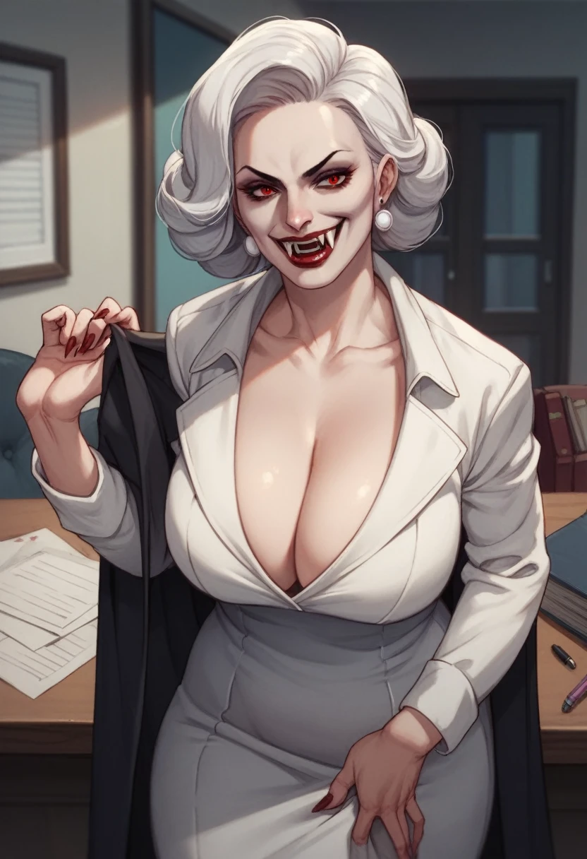 score_9, score_8_up, score_7_up, vampire woman, extra milf, glossy coat, office, cozy, (curvy:1.2), oily pale skin, cleavage, adjusting clothes, metal dress, fanged smile
