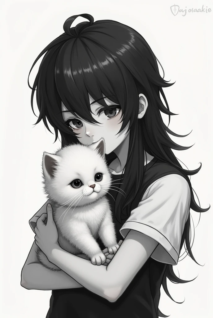 Boy with long black hair in black and white t-shirt holding a kitten 