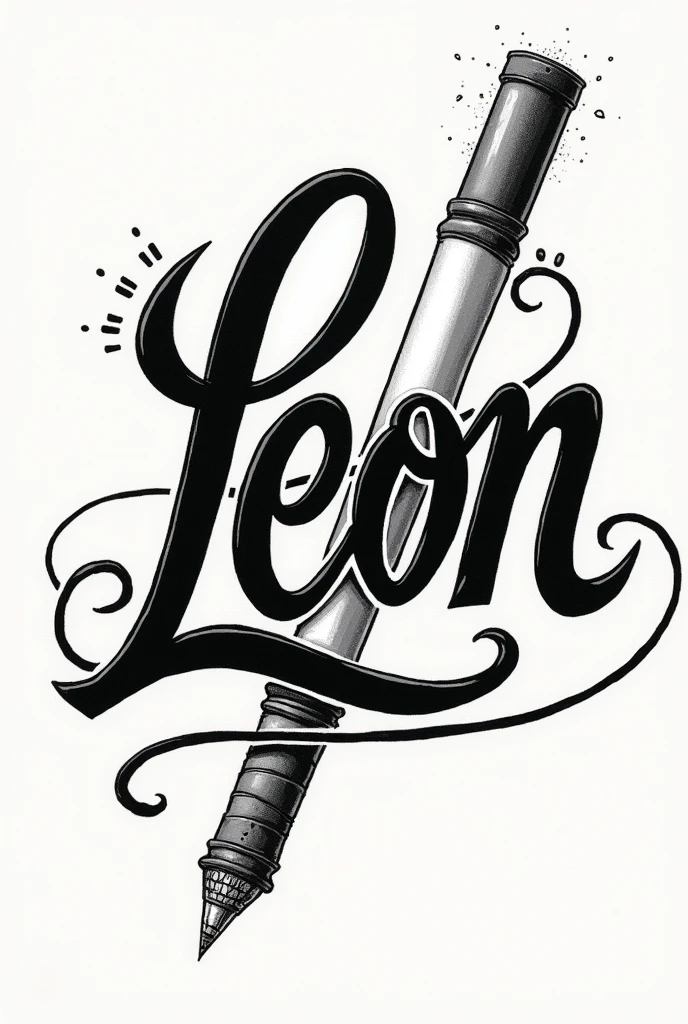 Draw a sketch of a tattoo design featuring the name LEON with a menthol stick incorporated into the design.