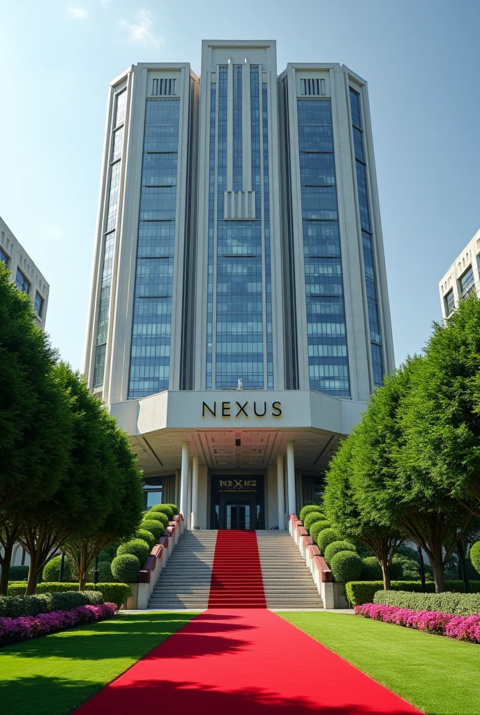 A luxurious, presidential standard company headquarters with the name NEXUS on it and red carpet on entrance with Singaporean architecture,grass, flowers and on it's own space where is the name NEXUS