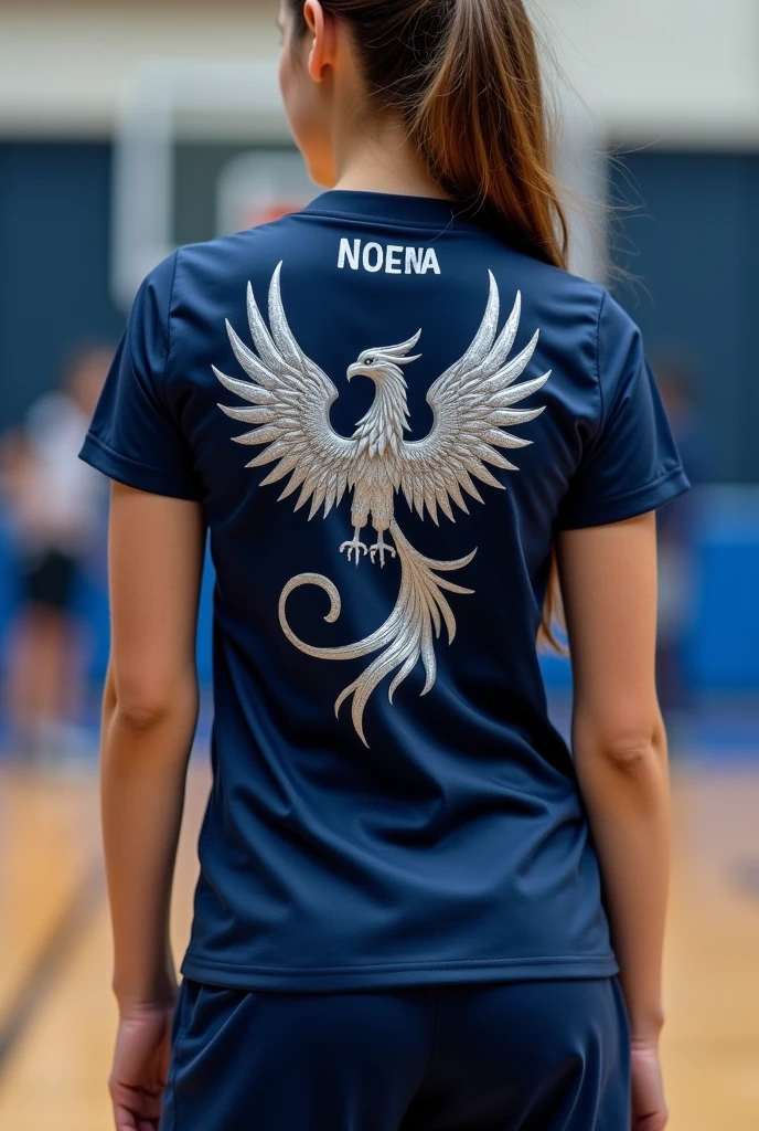 make a navy blue school girls' indoor games shirt with silver details featuring a scary phoenix and a number with name on the back in silver details