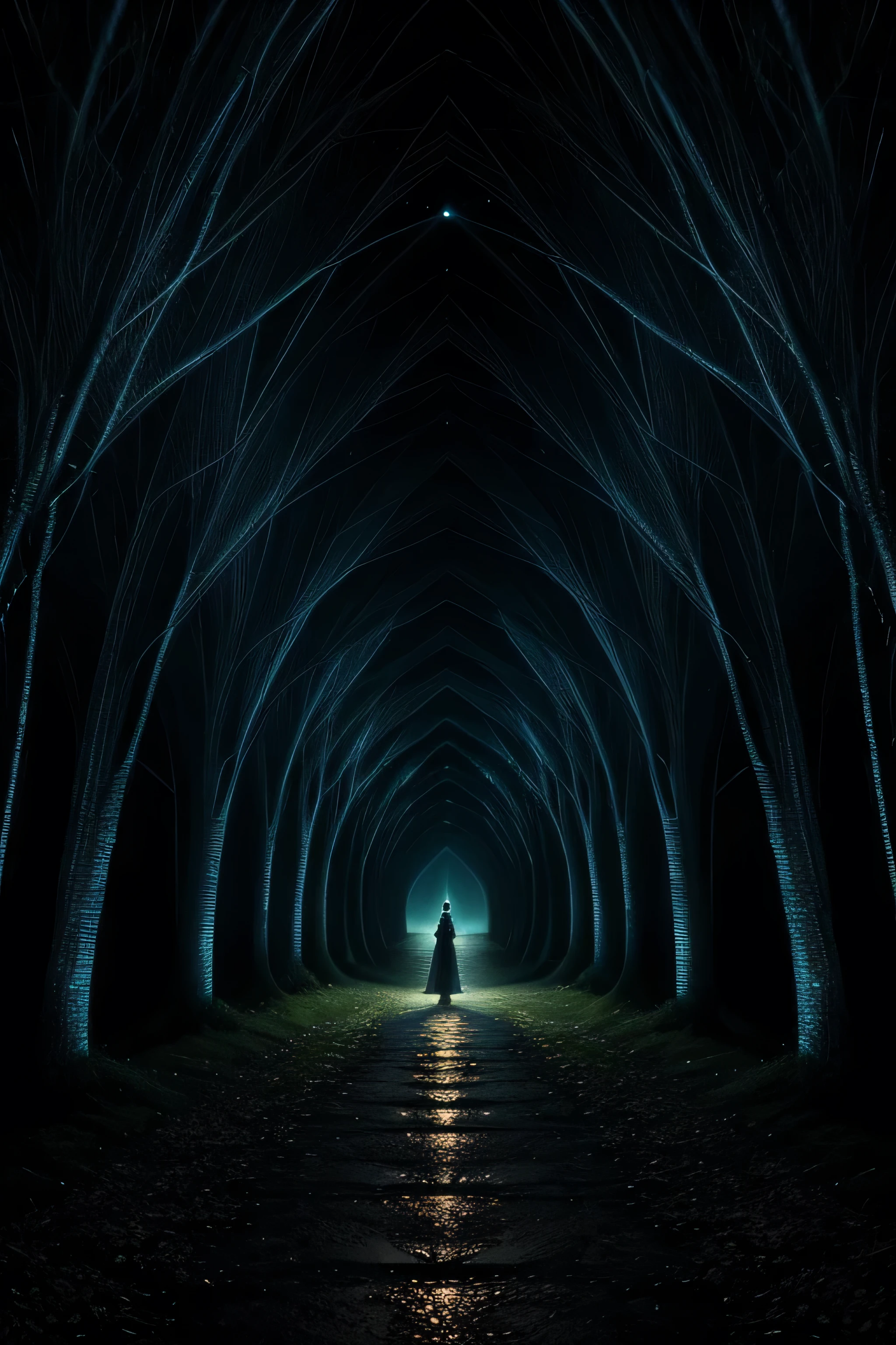 Trapped on a path in time and space, night behind us and day ahead, in eternal doubly refracting holograffiti Liminal Space liminal, eerie, ethereal, fantastic, strange, unnatural lighting, dynamic lighting, depth of field, vanishing point, protruding, descending lacewings, little dragons flying